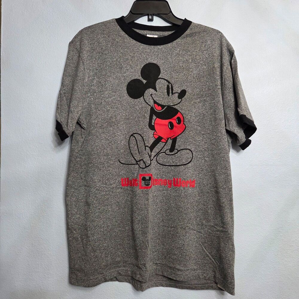 Walt Disney World Classic Mickey Mouse Ringer T-Shirt Gray Black Trim Retro LG